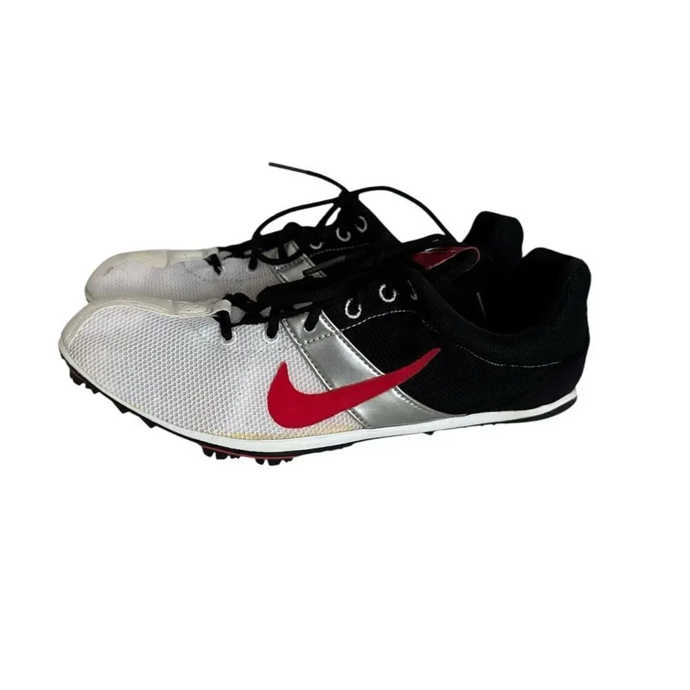 Nike Zoom Eldoret II track spikes in black, white, red, and silver. EUC